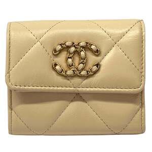 Chanel CHANEL Wallet 19 Women's Brand Bi-fold Lambskin Beige Gold Hardware Co...